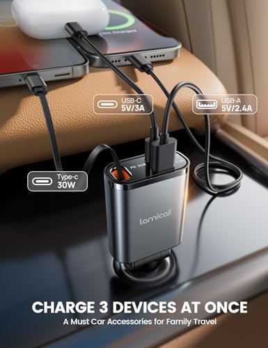Lamicall Retractable Car Charger USB C 57W Charging for iPhone 17 16 15 - color: Dark grey