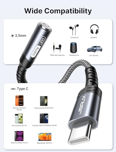 JSAUX USB C to 3.5mm AUX Audio Adapter for iPhone 17/15, Galaxy S25, Grey - color: Grey, size: 1 x 0.6ft