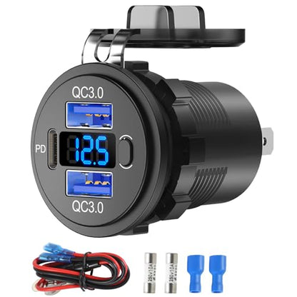 12V USB C Outlet Marine USB Charging Port for Car, Dual Quick Charge 3.0 & PD 3.0 Car Charger Socket with Button Switch and Voltmeter, Cigarette Lighter Replacement DIY Kit for 12V/24V Vehicles - color: 1 pack