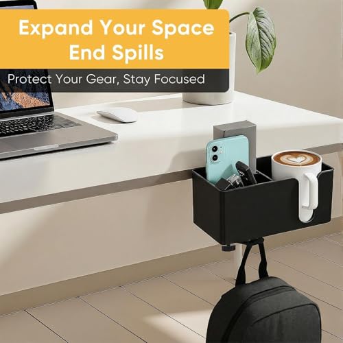 4-in-1 Clip On Desk Cup Holder, Fits up to 40oz cups - Mountable Holder with Adjustable Divider & 360° Rotating Hook - No Spill Clamp On Drink Holder Attachment - for Desk Chair Table Bed Tray - Black - color: Black - 4" W Dual Cup