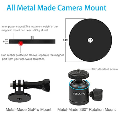 PellKing Magnet Camera Mount for GoPro 13/Insta360 X6/X5/X4/X3,Heavy-Duty Metal Car Magnetic Camera Mount with 360 Degree Rotation Ball Head for Car,Compatible with GoPro Hero 13 12 11 Black 8/7/6/5