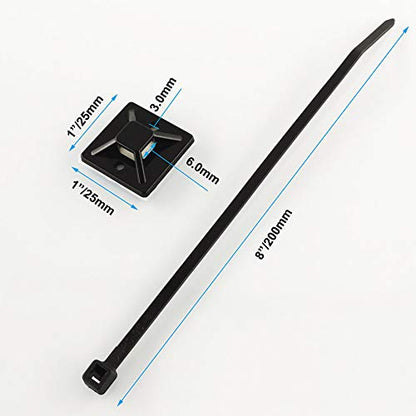Strong Self Adhesive Wire Clips Cable Zip Tie Mounts 1" with 8 Inch Zipties Black UV Protection Outdoor 100 Pcs,Sticky Wire Fasteners Cable Guide Management Mounting Suqare Holder Anchor Base large - size: 1x1"