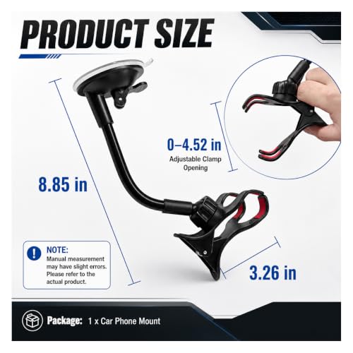Car Windshield Suction Cup Phone Holder, 360° Rotation Auto Window Cell Phone Mount with Long Arm Clamp, Universal Anti-Shake Vehicle Dash Mobile Phones Holder for All Smartphones (Black)