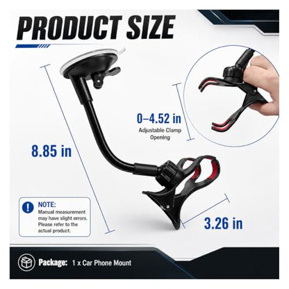 Car Windshield Suction Cup Phone Holder, 360° Rotation Auto Window Cell Phone Mount with Long Arm Clamp, Universal Anti-Shake Vehicle Dash Mobile Phones Holder for All Smartphones (Black)
