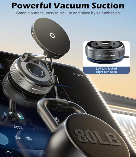 CloudValley 15W Fast Wireless Charger Car Phone Mount Charger with Type-C Fast Car Charger, Vacuum Suction Cup Magnetic Phone Holder Design for MagSafe iPhone 17 Pro Max 16-12 Series,Pixel 10 Pro XL - style: Charger Mount With Adapter