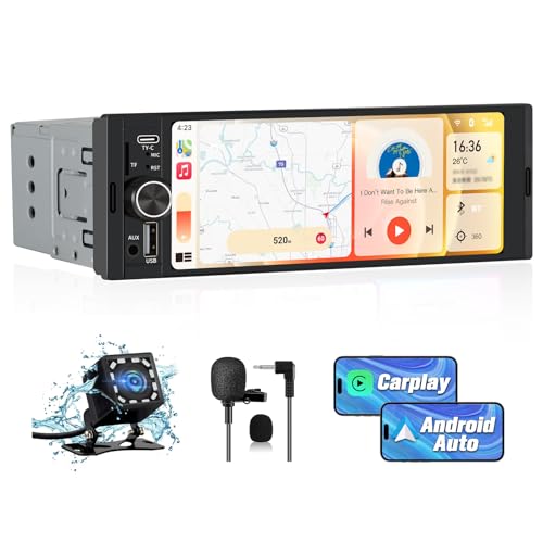 Universal Single Din Car Stereo with Wireless CarPlay & Android Auto, 6.36 Inch IPS Touch Screen Head Unit with Backup Camera/External Microphone, Car Radio Supports Bluetooth/SWC/FM/USB/TF