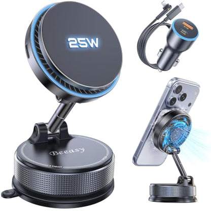 Beeasy 25W Qi2.2 MagSafe Car Mount Charger Built-in Cooling Fan, Upgraded Vacuum Suction Cup 360° Rotation, Magnetic Wireless Car Charger with 63W Adapter for iPhone 17 16 Pro Max Samsung S26 Ultra