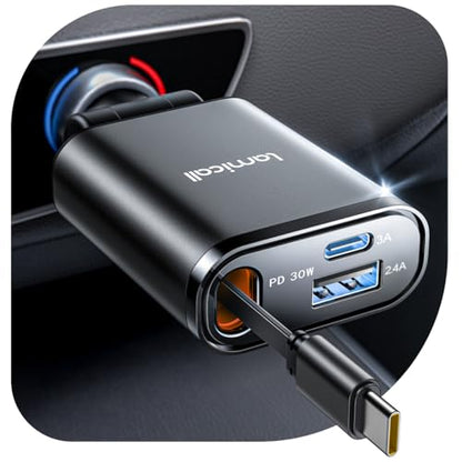 Lamicall Retractable Car Charger USB C 57W Charging for iPhone 17 16 15 - color: Upgrade-Black