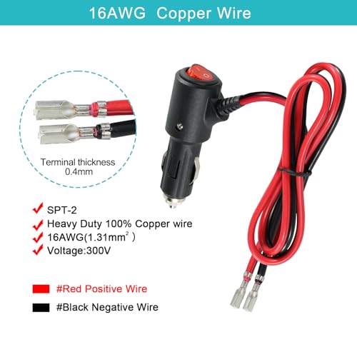 SPARKING 12Volt Replacement Cigarette Lighter Male Plug with On Off Switch - 2FT 12V Fused 15amp Cigarette Male Plug with 16AWG Lead, 12V DC Car Plug for Car Cooler,Cb Radio, Air Compressor - size: 2FT