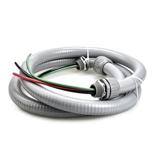 Power Whip Assembly Kit -1/2" x 6ft Non-Metallic Liquid Tight with 10 Gauge Wire Electrical AC Whip Kit Flexible Electrical Conduit & straight/90°Fittings