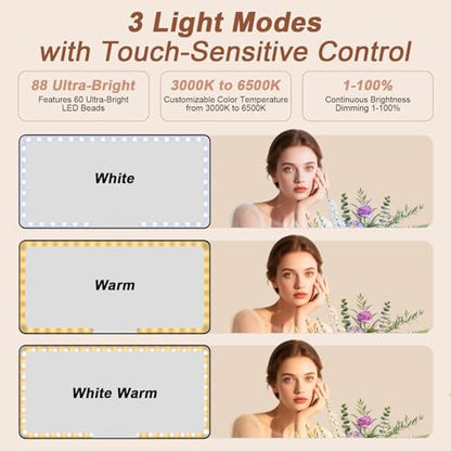 ELZO Car Sun Visor Vanity Mirror with Light, Magnifying Glass Rechargeable Car Makeup Mirror with 3 Light Modes & 88 LEDs, Dimmable Touch Led Screen, Gifts for Women Girl, Universal for SUV Car Truck