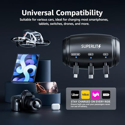 SUPERLIT 3-in-1 Backseat Retractable Car Charger Station – Universal Fast Charging Box for iPhone, Samsung, Android – Mount to Headrest – Ideal for Uber, Lyft, Turo, Rideshare Drivers with Tip Sign