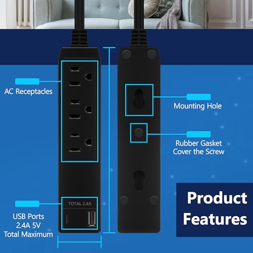 LIDER Outlet Extender with 3 Receptacles, 12W USB-A & USB-C, Flat-Face - color: Black, size: 2 Pack