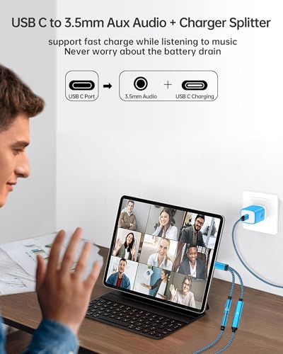 2Pack 2-in-1 USB-C to 3.5mm Aux Adapter Android Dongle C to C Fast Charging - color: Blue,Purple