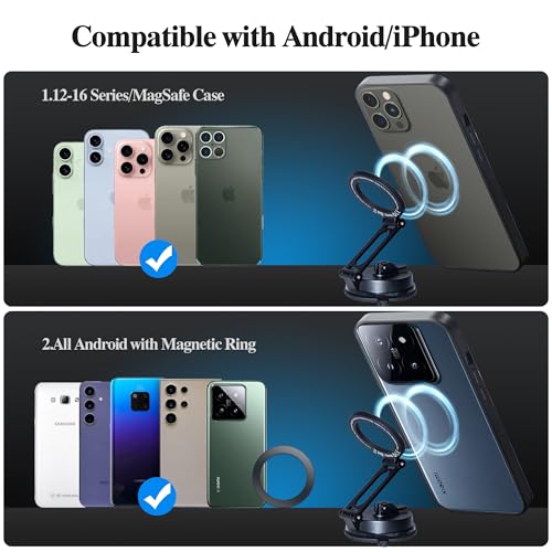 Vacuum Magnetic Car Phone Holder, Magsafe Suction Cup Phone Mount for Car Rv Gym Shower,Metal Arm,360° Rotation,Foldable,Reusable,Dashboard Car Mount for iPhone 17 16 Pro Max 15 14 13 12 Plus Android
