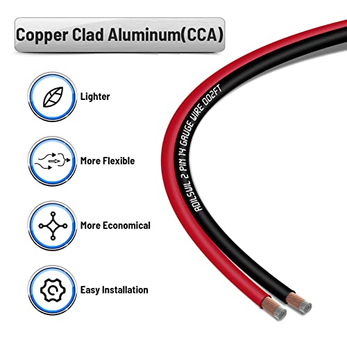14AWG 100FT Speaker Wire, 2 Conductors Electrical Red Black Cable Hookup LED Lighting Strips Flexible Wire Extension Cord 14 Gauge Copper Clad Aluminum Copper Wire 12V/24V DC Cable - size: 14AWG 100FT CCA