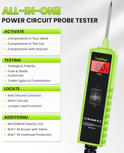 12 Volt Test Light Automotive, Power Circuit Probe Kit, 6V - 24V Car Fuse Tester, Voltage Tester 0.3v-70v, AC DC Outlet Tester, Automotive Short Circuit Finder, P60 - style: P60