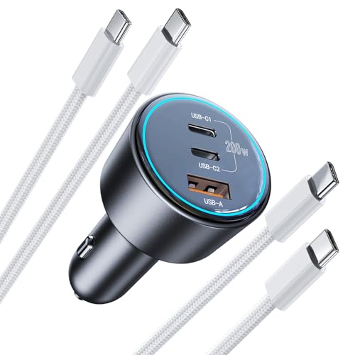 200W Super Fast Car Charger, Adapter with 2×100W USB C to C Cables,