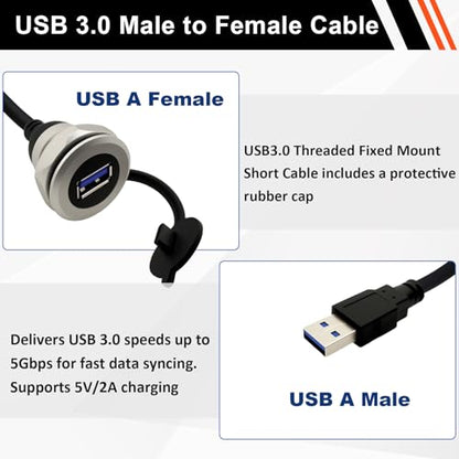 USB3.0 Threaded Fixed Mount Cable Al Shell USB A Male to Female Embedded Mount Waterproof Round Converter Extension Cable, 5V/2A 5Gbps, 30cm/11.8in