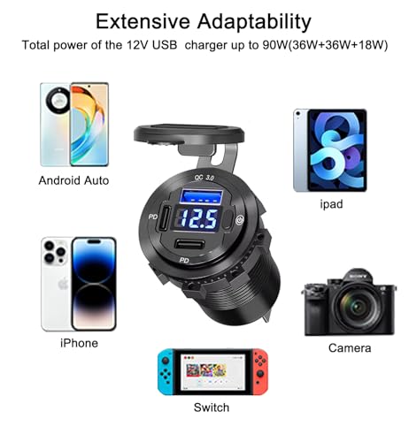 2-in-1 Marine Switch Panel USB Charger Cigarette Lighter Voltmeter Boat - size: 2in1 Dual PD3.0 and QC3.0