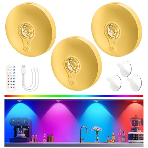 Rechargeable Puck Lights with Remote, 3 Pack Magnetic Under Cabinet Lighting, 1500mAh Battery Operated LED Tap Lights with Dimmer & Timmer for Kitchen, Closet, Shelf - 3 Color Temps & 12 RGB, Gold - color: Gold