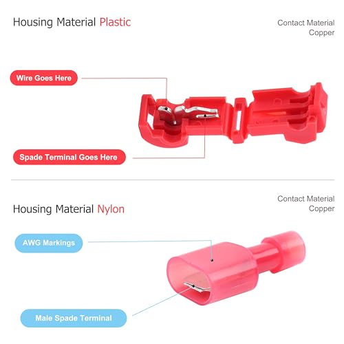 Lenporl 120 Pcs/60 Pairs T-Tap Wire Connectors, Insulated Male Wire Tap Connectors, Self-Stripping Quick Splice Electrical Terminals for 22-10 AWG Gauge Wiring，Automotive Wiring