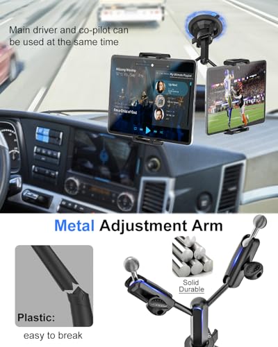 Heavy Duty Dual Tablet Holder for Car/Truck [Metal Arm] Dashboard Windshield Double Mount for Vehicle Dash Suction Stand for iPad Pro/Air/iPhone, 5.5-15.6" Tablets Phone