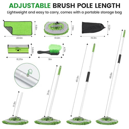 Car Wash Brush with Long Handle, 62'' Car Wash Mop, 7Pcs Chenille Microfiber Cars Washing Kit with Window Squeegee/Microfiber Towels /Wheel Brush for Cars RV Truck Boat Floor Window, Green - color: Green