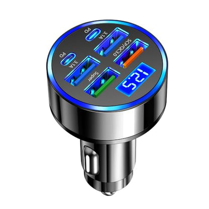 Car Charger USB C with LED Voltage Display,6 Ports PD and QC3.0 Car Cigarette Lighter Adapter for Phone Tablets Fans,Universal 12V/24V Cigarette Lighter USB Charger