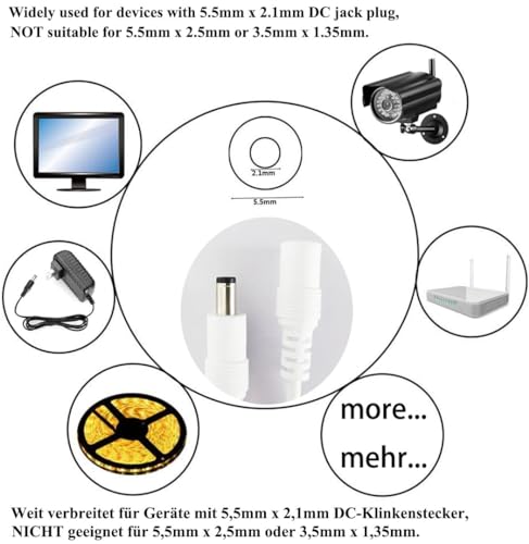 2pcs 1m 3.3ft DC Extension Cable 12V Extension Cord DC 5V-24V Power Cord 5.5mm x 2.1mm DC Jack Plug Adapter Male to Female for Car Monitor, CCTV Camera, LED Strip, etc., White