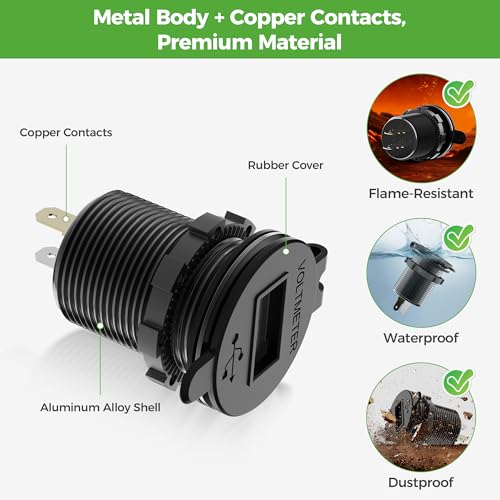 10L0L 9V-55V Input Golf Cart Quick Charge 3.0 Dual USB Charging Socket,2 in 1 USB Ports & Digital Voltmeter Universal for Club Car,EZGO and Yamaha,Metal Shell Safe Charge Outlet - color: Black