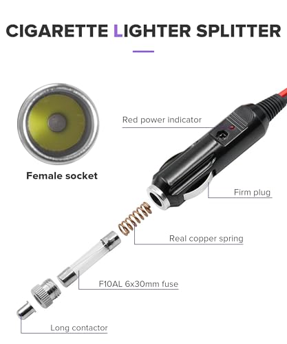 Car Cigarette Lighter Splitter,Car Accessories 18AWG Dual Cigarettes Lighter Extension Cord with 15A Fuse,Automotive Replacement Cigarette Lighters Parts,Used to Connect GPS,Refrigerator