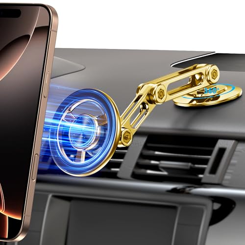 Ultra Magnetic Long-Arm Phone Holder Stand, Fits for MagSafe Car Mount Bracket【Windshield+Vent+Dash】, 360° Rotation Adjustable Strong Magnets Car Mount Desk Office Phone Cradle Holder, Gold - color: Gold