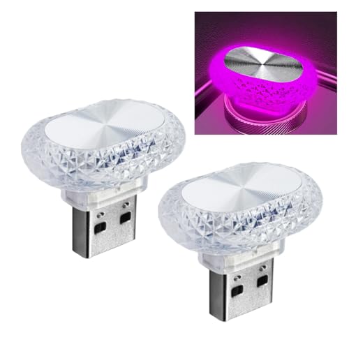 2PCS USB LED Car Interior Night Light, Crystal Mini Decoration Neno Ambient Light Car Interior Atmosphere Lamp, Plug-in USB Interface Auto Trunk Ambient Lighting Kit Universal for Cars (Pink/Purple) - color: Pink/Purple
