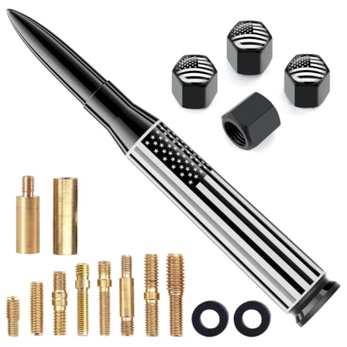 Car Truck Antenna Big American Flag with Tire Valve Caps Universal Short Replacement for GMC Sierra Chevy Silverado Dodge Ram 1500 2500 3500 Ford F150 F250 F350 Super Duty Raptor Accessories, Black - color: Black - Big American Flag, size: 5.5 inch