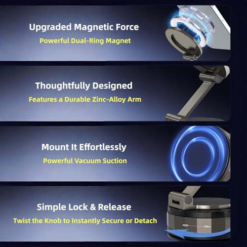 Car Phone Holder for Magsafe [98LBS Suction & 2400gf Magnetic] 360° Rotatable Adjustable Car Phone Mount with Vacuum Suction Cup, Car Phone Holders for Your Car for iPhone Series & Android - color: D. T30-Black Base