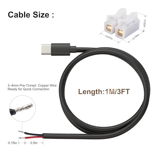USB-C Power Pigtail to Bare Wire 20AWG 5V 5A Cable 1M 3.3FT 2 Pack