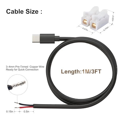 USB-C Power Pigtail to Bare Wire 20AWG 5V 5A Cable 1M 3.3FT 2 Pack