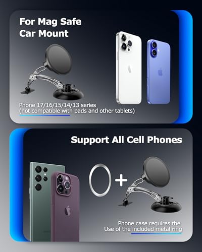 ZBF Magnetic Phone Holder for iPhone MagSafe Car Mount, Vacuum 360°Adjustable Car Phone Holder（Dashboard & Windshield） Magnet Cell Phone Holder Mount for iPhone 17/16/15/14/13 Android Galaxy - style: Upgrade Non-rechargeable