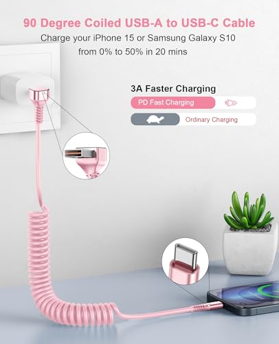 90 Degree USB A to USB C Cable Coiled, 3FT&6FT USB C Cable 3A Fast Charging - color: Pink, size: 3FT