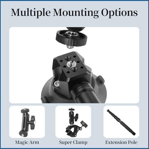 CNC Machined 3in Camera Suction Cup Mount with Adjustable Magic Arm, 1/4" ARRI Holes Quick Release Car Mount with Phone Holder & Action Camera Adapter Compatible with DJI OSMO Pocket 3 Insta360 iPhone - style: 3in