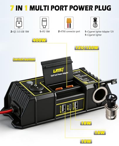 UNIGT Golf Cart USB Charging Port, 12V Cigarette Lighter Adapter & QC 3.0 USB Phone Charger & 2 XT60 Port, Safe Charging Easy Installation, Multi Plug Outlet for Club Car/Yamaha/EZGO