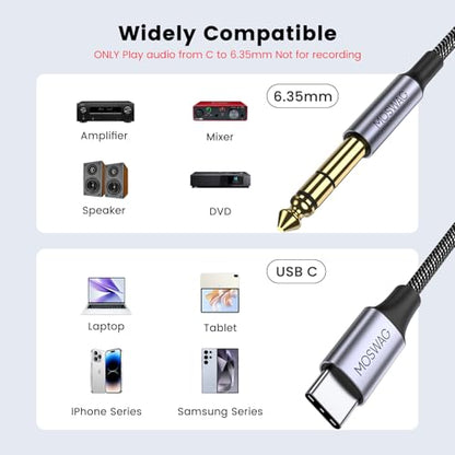 MOSWAG USB C to 1/4 Male Audio Stereo Cable, USB C to 6.35mm 1/4 TRS Audio Cable for Smartphones S25 S25+ Ultra iPhone 15 16 Pro Max Amp Speaker (10ft/3m) No Recording Support - size: 10 ft
