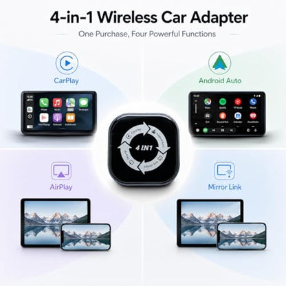 Wireless CarPlay Adapter 4 in 1, Wireless Android Auto Box with Airplay Mirror Link, Screen Mirroring, Plug & Play for Cars with Wired CarPlay/Android Auto