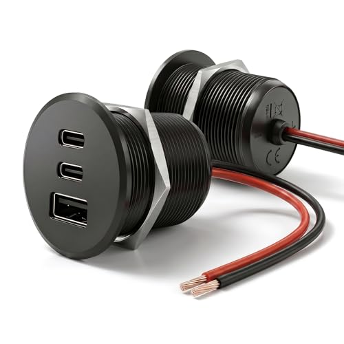 2PCS 90W All-Aluminum RV USB Outlet 12V/24V 3 Ports Recessed Mount - color: Black, size: 2P