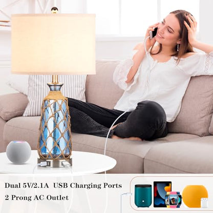 Ruzectt 25.5" Coastal Glass Table Lamps Set of 2, 3-Way Dimmable Touch Control Bedside Lamps with 2 USB Ports and AC Outlet, Blue Nautical Nightstand Lamps for Bedroom Living Room (LED Bulbs Included) - color: Blue
