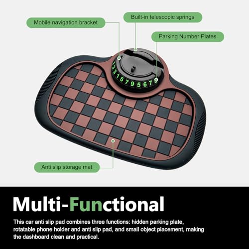 Multifunction Car Anti-Slip Mat, Car Dashboard Storage Pad with 360 Degrees Rotating Adjustable Phone Holder & Parking Number Plate, Universal for Phone Key ID Card Sunglass (Brown) - color: Brown