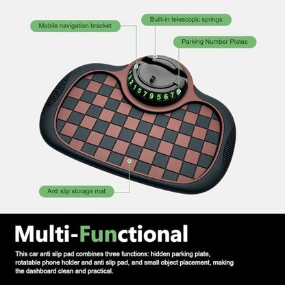 Multifunction Car Anti-Slip Mat, Car Dashboard Storage Pad with 360 Degrees Rotating Adjustable Phone Holder & Parking Number Plate, Universal for Phone Key ID Card Sunglass (Brown) - color: Brown