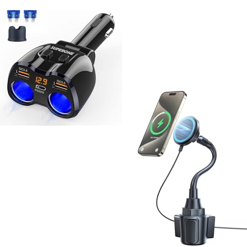 SUPERONE MagSafe Cup Holder Phone Charger & Cigarette Lighter Splitter for iPhone 15/14/13/12 Series, 15W Fast Charging, 180W Total Power, 3 USB Ports
