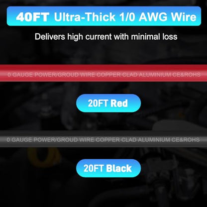1/0 Gauge Wire 1/0 AWG Battery Cable (20FT Red+20FT Black), Copper Clad Aluminum CCA Amp Wiring Kit, Automotive Wire with Terminals Connectors, for Car Audio Speaker, Marine, RV Trailer - color: 40FT Wire